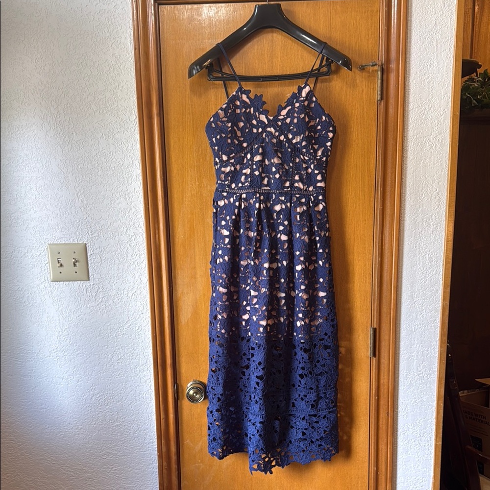 HAUTE ROGUE blue and nude Lace Dress